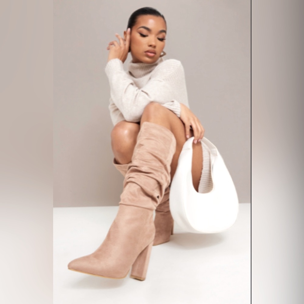 Sand Faux Suede Ruched High Block Heel Knee Boots